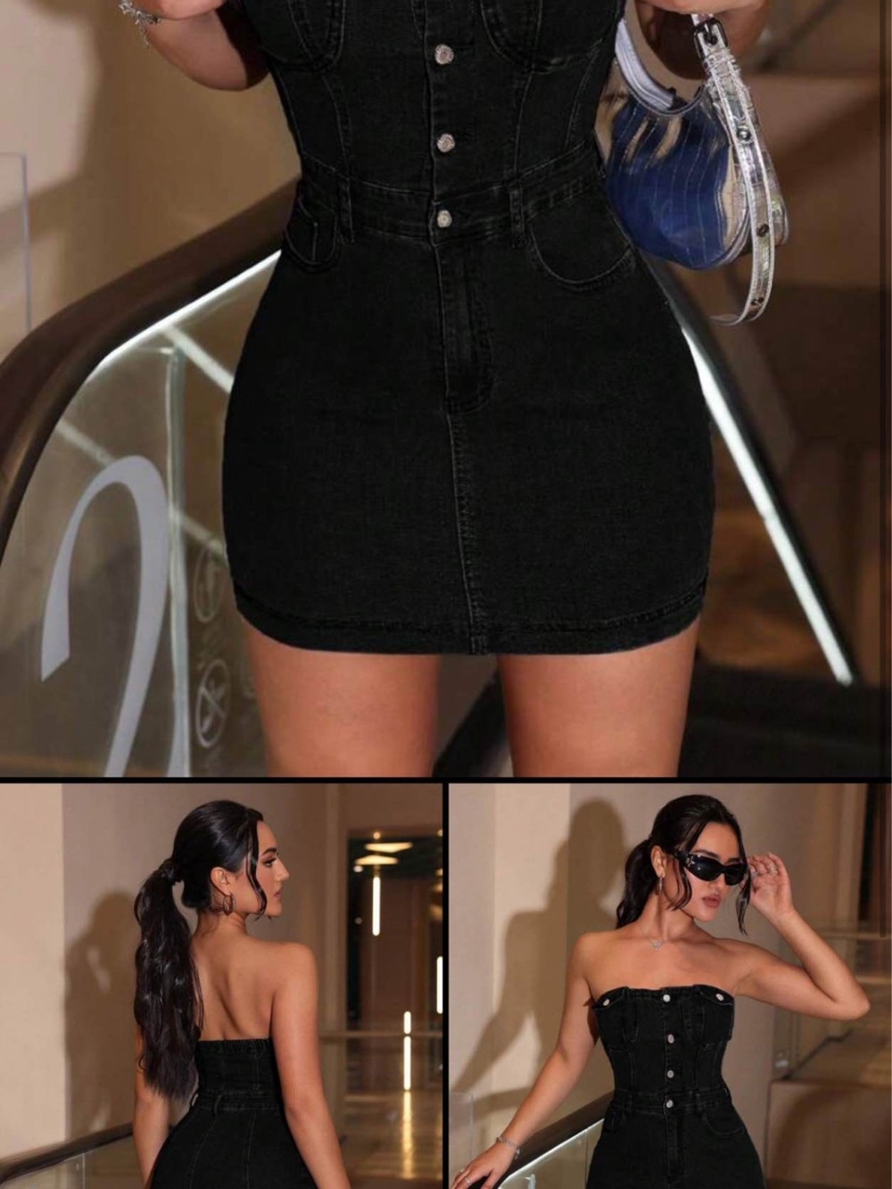 Black Strapless Denim Mini Shorts Dress